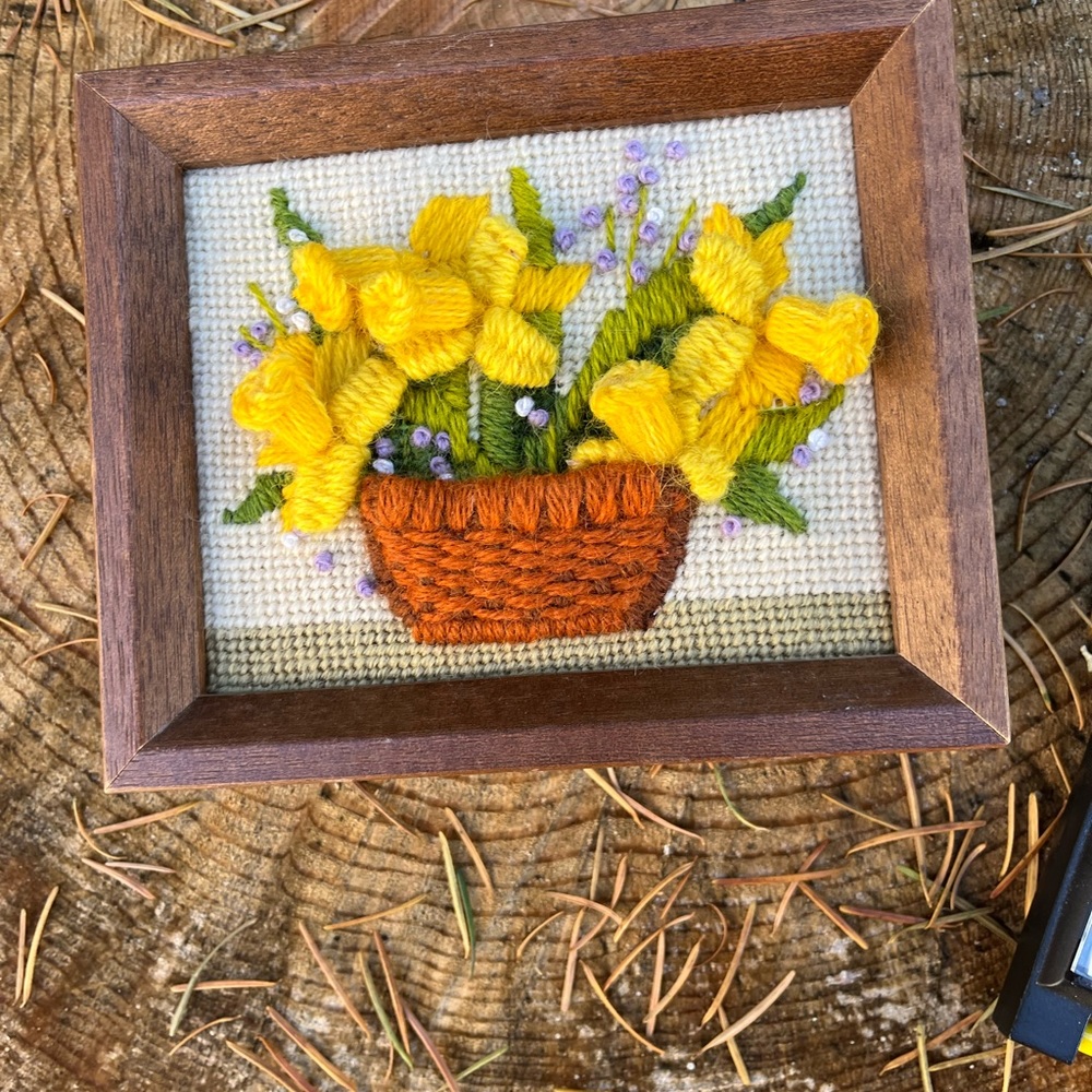 Vintage, retro needlepoint embroidery embroidered flowers basket